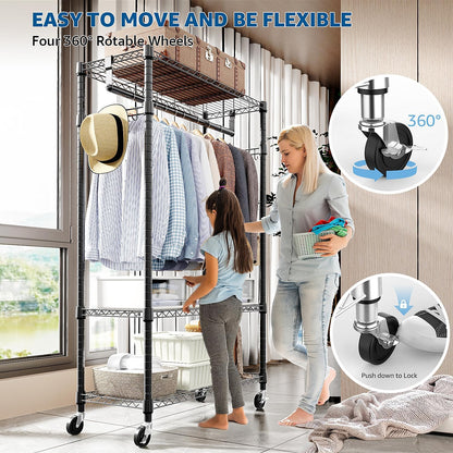 Heavy Duty Rolling Garment Rack 3 Tiers Adjustable Wire Shelving Clothes Rack with Rods and Side Hooks,Storage Closet Clothing Rack with Wheels Black 15.7" D x 29.5" W x 74.5" H