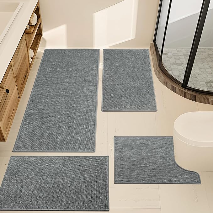 YIHOUSE Grey Bath Rug Set, 4 Piece Non Slip Absorbent Bath Mat, Quick Dry, Thin for Toilet and Floor
