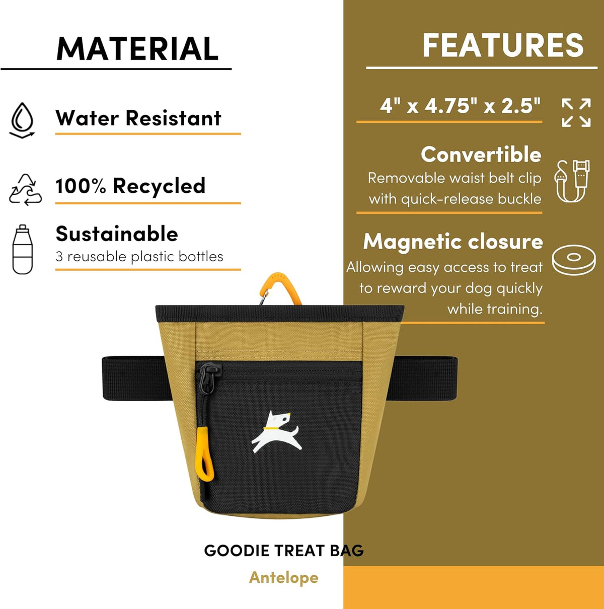 OllyDog Goodie Treat Bag, Dog Treat Pouch, Waist Belt Clip for Hands-Free Training, Magnetic Closure, Dog Training and Behavior Aids, Three Ways to Wear (Antelope)