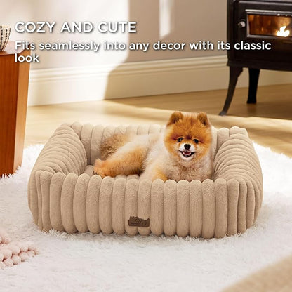 Bedsure Washable Dog Bed for Medium Dogs - Cute Furry Puppy Beds, Rectangle Orthopedic Corduroy Fleece Pet Beds with Removable Zipper Cover, 30x24x8inches, Sandy Beige