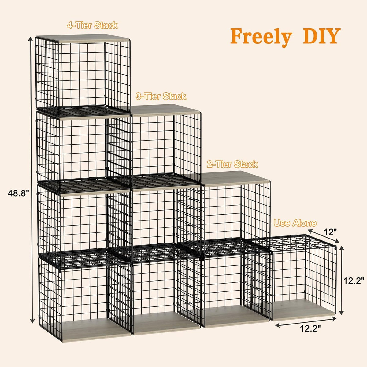 4-Tier Stackable Closet Organizers and Storage Basket, Shelves with Wood Top, Foldable Clothes Storage Bin/Cube Drawer Organizer for Wardrobe, Space-Saving, Closet Organization,Black(Patent Pending) ﻿