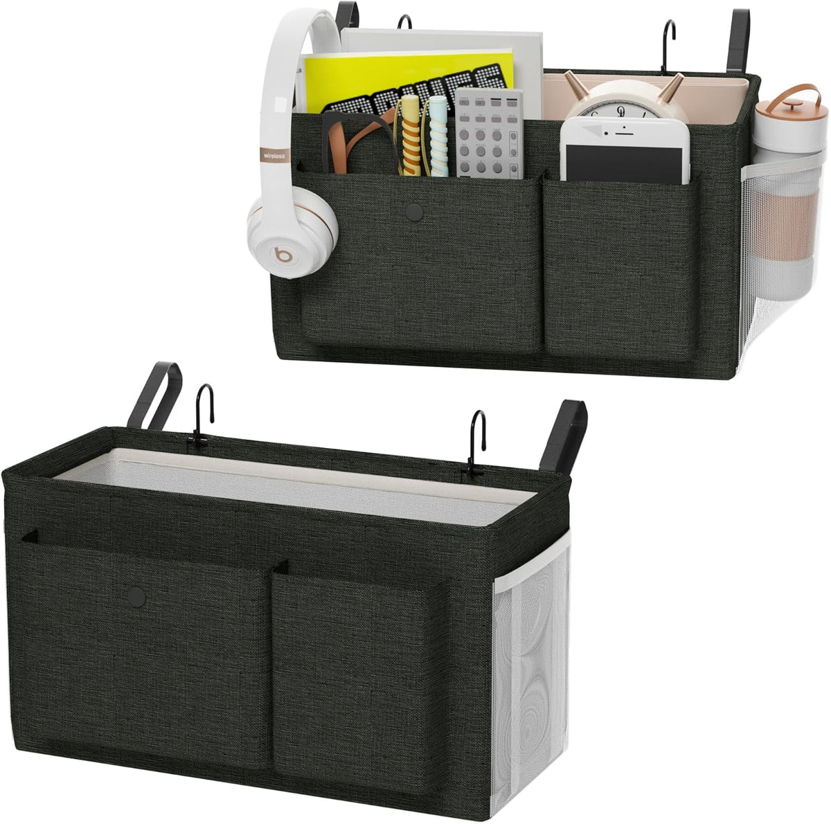 Bedside Caddy Bedside Organizer with Fixed Straps & Water Bottle Holder, Bunk Bed Caddy ideal for Home, Dorm, Hospital, Crib, Versatile Bedside Storage Solution (Black 2pcs)