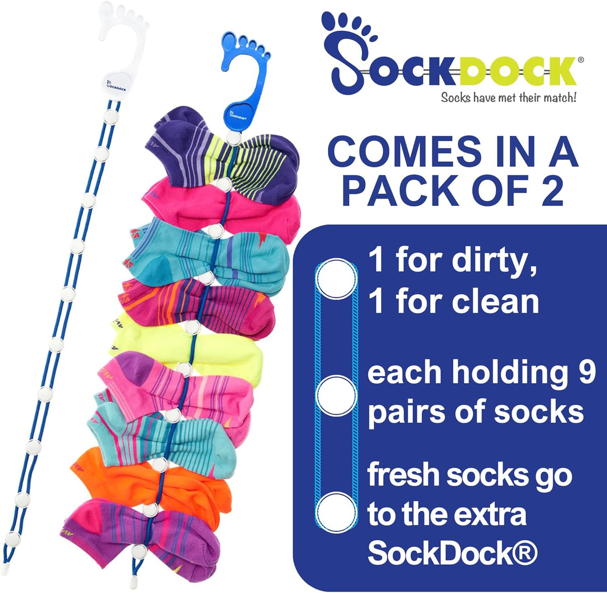 Sock Laundry Solution for Washing Drying & Storing Socks in Pairs, Clip & Hold Socks in Washer Dryer & Closet 2-Pack