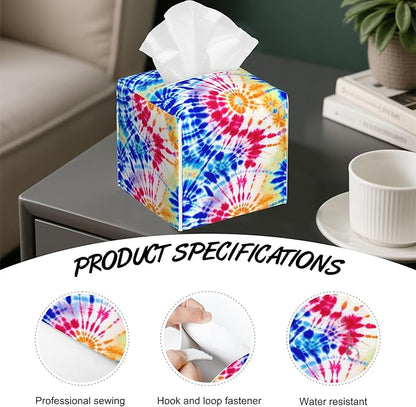 Rainbow Tie Dye Swirl Tissue Box Cover Square,Tissue Box Holder with Belt Bottom,Stylish Leather Napkin Holder for Vanity Countertop,Nightstands,Office Desk,5.2"×5.2"×5.2"