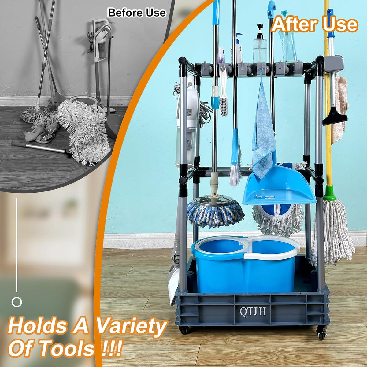 Floor-Standing Multi-Functional Cleaning Tool Organizer storage broom mop and cleaning supplies