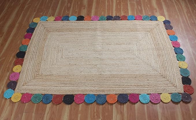 Scalloped Jute Rug, Hand Woven Runner Area Rug, 4x12 Ft Beige & Multicolor Braided Natural Sisal Kilim Rugs for Living Room, Kitchen, Entryway, Farmhouse