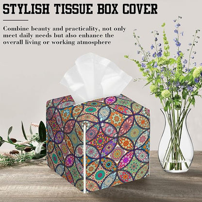 OHEGBXE Tissue Box Holder Abstract Mandela Floral Square Leather Tissue Box Cover Modern Cube Facial Paper Cover Case for Bathroom Vanity Countertop Night Stands Tabletop