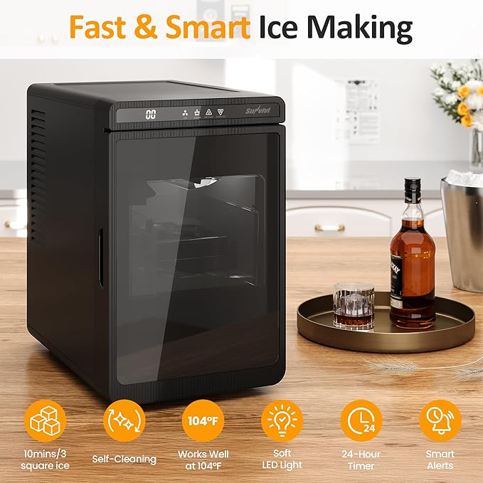 Crystal Clear Ice Maker, Compact Countertop Ice Machine, 3 x 1.6 Ice Cubes