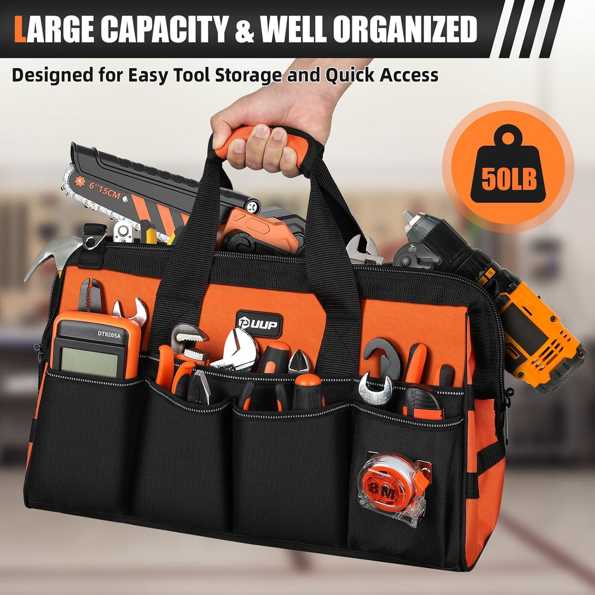 Heavy Duty Tool Bag 18-Inch, 16-Pocket Portable Soft Tool Box Organizer Storage, Handle Tactical Carry Tote Empty Toolbox with Large Zipper, Father Day Dad Men Gift for Mechanic Engineer, Orange
