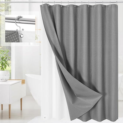 Craidlela 3 in 1 Shower Curtain Set, Grey Waffle Shower Curtain and PEVA Liner Set with 12 Stainless Steel Shower Curtain Hooks, Gray Waterproof Fabric Shower Curtains for Bathroom, 72 W x 72 H