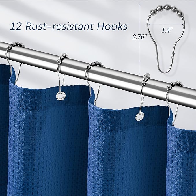 PANGSINNE Shower Curtain Classic Blue Waffle Textured, 256GSM Heavy Duty Weighted Fabric Shower Curtains, Hotel Quality Luxury Polyester Water Repellent Bathroom Curtain with 12 Hooks, 72Wx78H