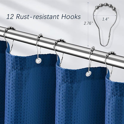 PANGSINNE Shower Curtain Classic Blue Waffle Textured, 256GSM Heavy Duty Weighted Fabric Shower Curtains, Hotel Quality Luxury Polyester Water Repellent Bathroom Curtain with 12 Hooks, 72Wx78H