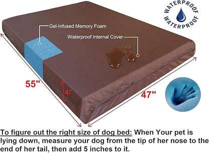 Dogbed4less Orthopedic Waterproof Heavy Duty Gel Memory Foam Dog Bed for Large pet, Denim in Brown, Jumbo 55"X47"X4"