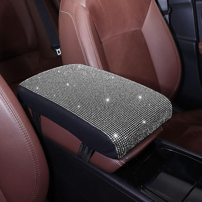 Bling Car Armrest Cover with Memory Foam Cushion Pad & Rhinestones, Universal Diamond Center Console Cover for Cars, Bling Middle Console Cover, Bling Car Accessories for Women, White