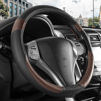 Non-Slip Car Nappa Leather Steering Wheel Cover,Universal Car Accessories Women Men Fit 14" 1/2-15" Suvs/Vans/Sedans/Cars/Trucks,Brown
