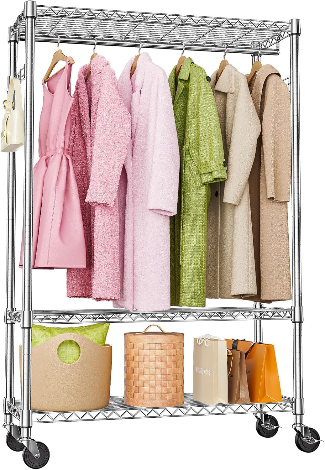 Heavy Duty Rolling Garment Rack 3 Tiers Adjustable Wire Shelving Clothes Rack with 1 Rods and Side Hooks,Storage Closet Clothing Rack with Wheels Chrome 15.7" D x 45.3" W x 75.6" H