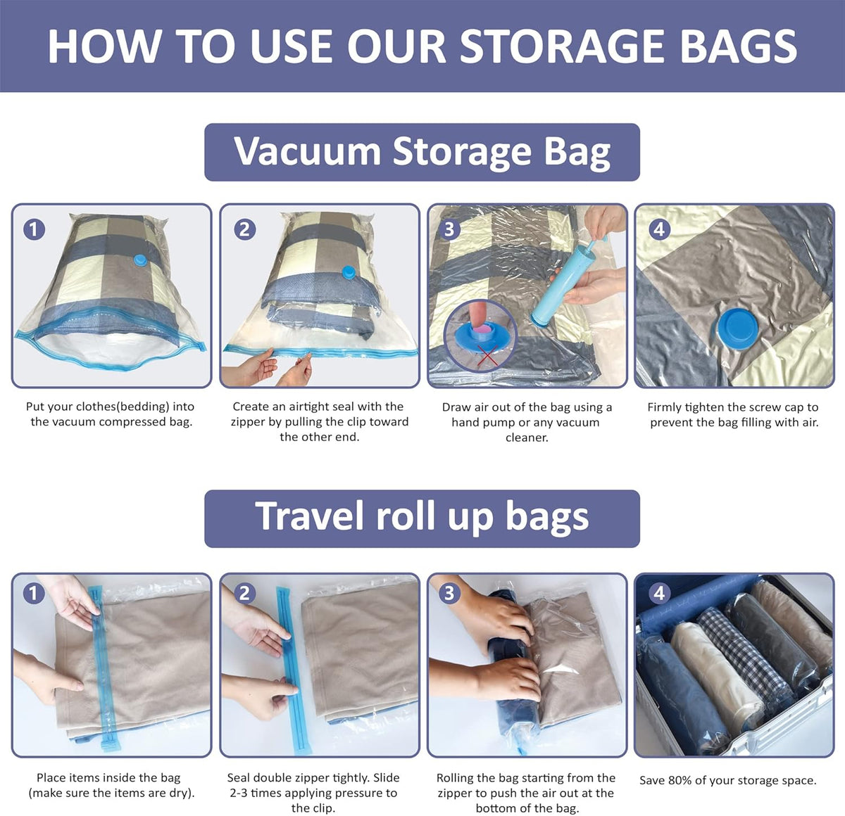 25 Pack Vacuum Storage Bags, Space Saver Vacuum Storage Bags, Vacuum Seal Bags for Clothing, Clothes, Comforters and Blankets, Hand Pump Included
