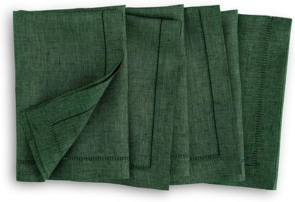 Solino Home Linen Napkins Set of 4 - Hemstitch 100% Pure Linen Forest Green Dinner Napkins Cloth 20 x 20 Inch for Winter, St Patricks Day - Milan, Handcrafted and Machine Washable