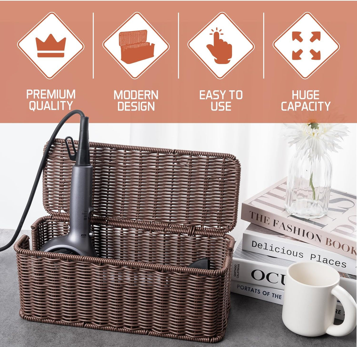 Cable Management Box, Handmade Rattan Cable Organizer, 2 Open Slots Cords Hider Box, Under Desk Cord Organizer for Computer Router USB Hub & Power Strip, Patent Pending, 13" x 5.1" x 5.1", Brown