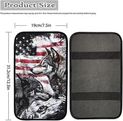 American Flag Wolf Car Armrest Cover Protector Dustproof Auto Center Console Cover Pad Universal Cars Armrest Seat Box Covers Cushion USA Flag Wolf Car Accessories Decor