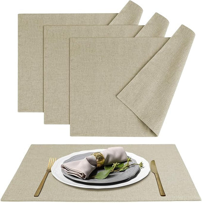 MANSPHIL Table Cloth Placemats Set of 4 Washable Cotton Thick Faux Linen Place Mats Heat Resistant Double Layer Fabric Wrinkle Free Dining Kitchen Table Decor - 13x19 Inch Beige Oeko Tex Placemat