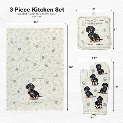 Dachshund 3-Piece Kitchen Set - Oven Mitt, Pot Holder & Kitchen Towel Set, Heat Resistant up to 420 F, Soft Quilted Cotton for Cooking, Baking, BBQ, Pet Lover Gifts (Dachshund Black)