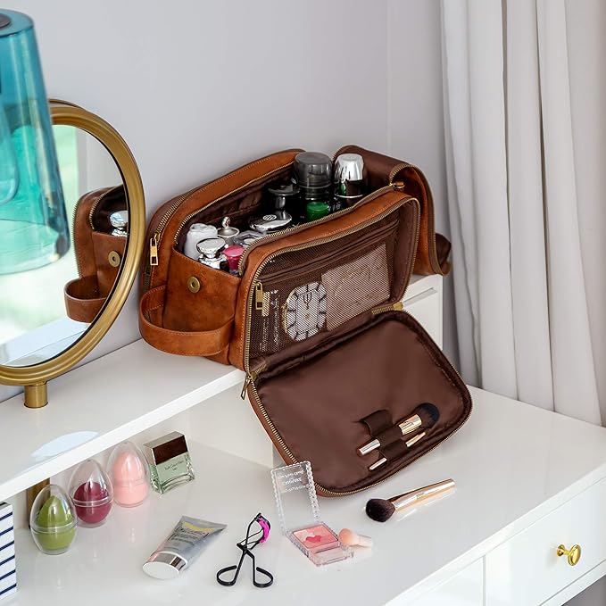 Elviros Travel Toiletry Bag for Men, Shaving Dopp Kit Water-resistant Bathroom Small Toiletries Organizer PU Leather Cosmetic Bags