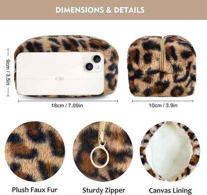 STARDW Leopard Print Makeup Bag - Plush Faux Fur Travel Cosmetic Pouch with Zipper