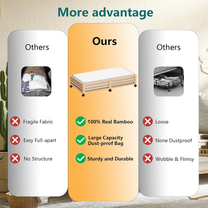 Wisuce Bamboo Under Bed Storage Containers- Underbed Organizer with Wheels with Large Dust Bag,Sturdy Wood Rolling Under the Bed Shoe Storage Organizer Drawer 2 Packs (Nature, Long)