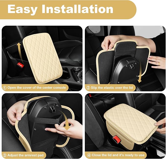 Center Console Cover for TSX: Armrest Cover for Car with 2 Storage Bags - Scratch & Wear Resistant & Waterproof Leather Console Cover,Anti-Scratch Auto Armrest Pad Accessory （Beige