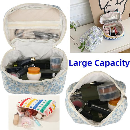Fcteap Makeup Bag Travel Essentials Quilted Cosmetic Toiletry Pouch Organizer Insert for Women Dorm Room Essential Gift Large Capacity Opening Lightweight Cute Aesthetic Portable 2PCS (Flower)