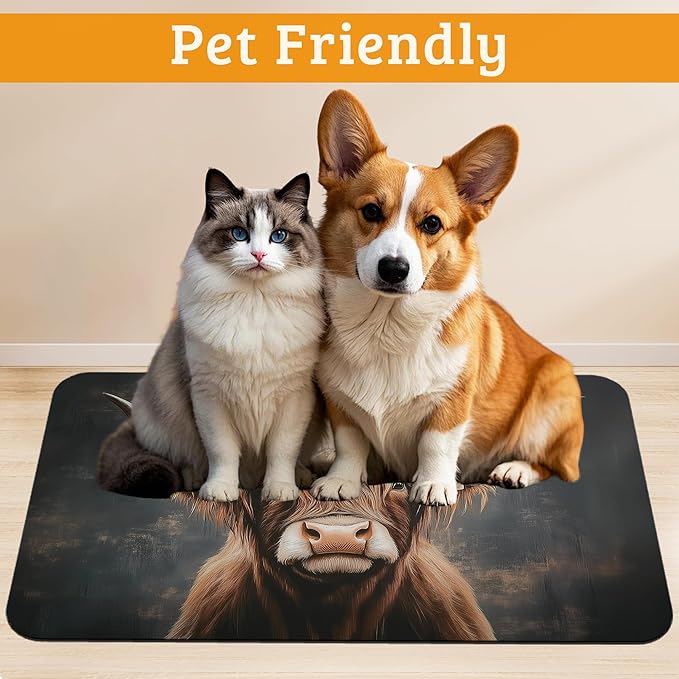 Highland Cow Feeding Mat, Absorbent Quick-Dry Cat Dog Food and Water Bowl Mats,Non-Slip Rubber Backing Mat,Cat Dog Accessories Supplies 12" x 20"
