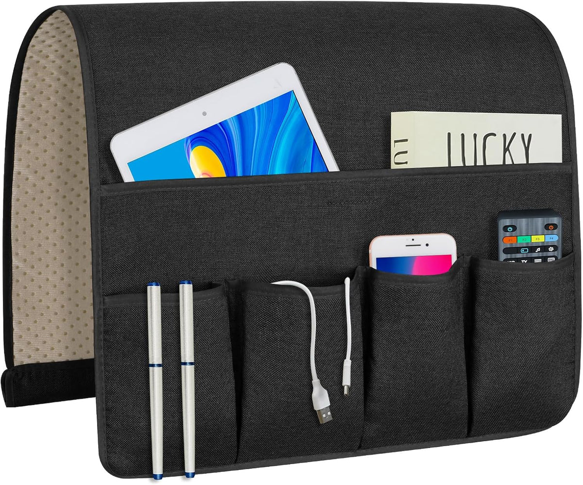 NB Sofa Armrest Organize remote holder bedside caddy organizer with 5 pockets，non-slip couch remote control holder couch armchair caddy accessories (black, 35''x18'')