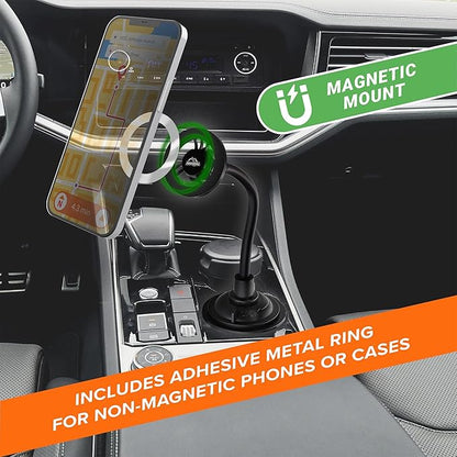 Armor All Magnetic Phone Mount for Car, Cupholder Phone Holder for MagSafe Phones, iPhones, Adjustable Gooseneck Design, Includes Universal Magnet Ring for Samsung, Non-Magnetic Phones, & Cases