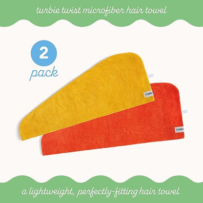 Turbie Twist 2-Pack Microfiber Hair Towel for Beauty, Travel, Gifting - Wrap Turban for Straight, Wavy & Curly Hair - Premium Personal Care- Golden Rod & Orangeade