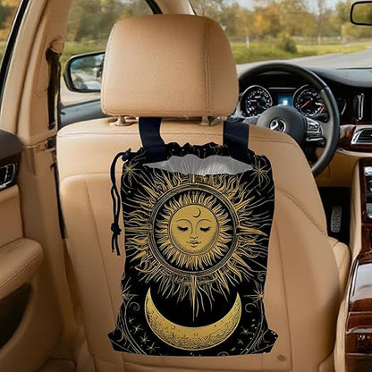 Vintage Sun and Moon Car Garbage Bag, Small Car Trash Bag Hanging,Drawstring Car Garbage Bag with Adjustable Buckle for Car Back Seat,SUVs,Camping,Road Trips