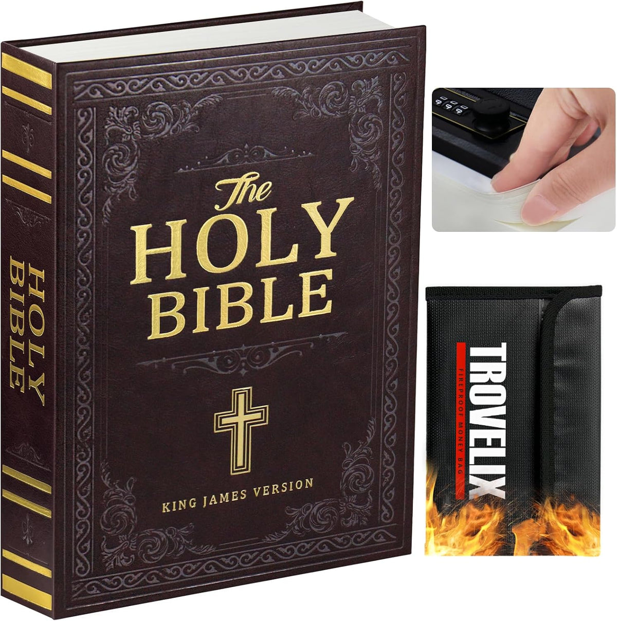 Book Safe with Combination Lock, Hidden Safe (10.9 x 7.7 x 1.8 Inch) with Fireproof Bag, Secret Diversion Safe, Hollow Book Box Hidden Storage, Money Safe Box for Cash (Bible)