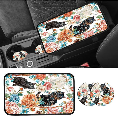 Car Armrest Cover Pads Universal Fashion Cute Auto Center Console Armrest Cover Pad with 2PCS Car Coasters Soft Waterproof Car Armrest Seat Protector for Women, Three Cats Penoy