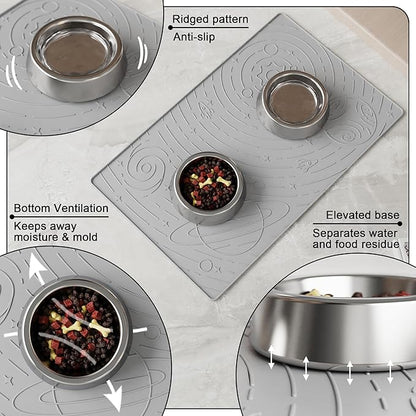 OHMO Dog Food Mat, Silicone Waterproof Cat Food Mat, Non-Skid Spill Proof Pet Feeding Mat for Food and Water, Easy to Clean Dog Placemat(Ash Light Grey, 23.6" x 15.8")