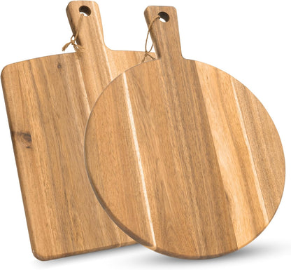 KOLWOVEN Acacia Wood Cutting Board 2 Pack with Handle, Wooden Charcuterie Board Large Paddle Carving Chopping Board Set, Serving Tray for Cheese Meat Fruit Pizza Bread Baking