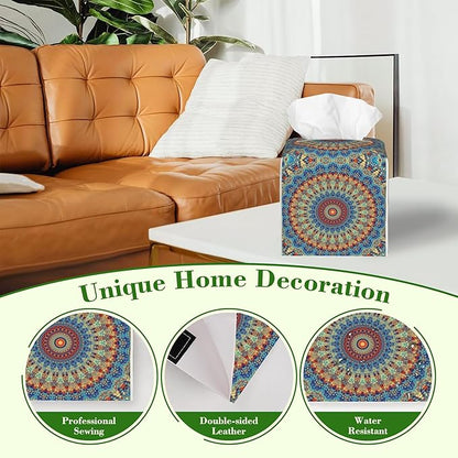 Boho Mandala Flower Tissue Box Cover,Abstract Mandala Floral Waterproof Leather Square Tissue Box Cover Case Facial Paper Organizer Dispenser Box Holder for Home Office Bathroom Vanity Countertop