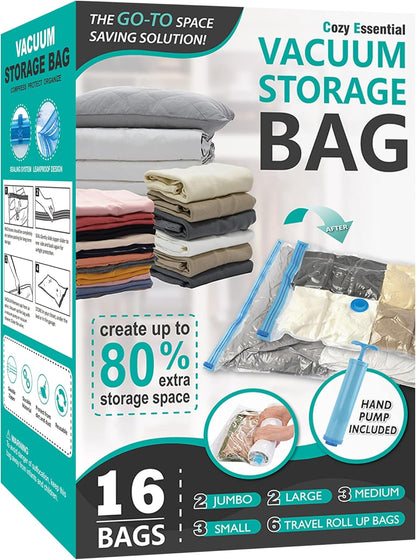 16 Pack Vacuum Storage Bags, Space Saver Bags (2Jumbo/2Large/3Medium/3Small/6Roll) Compression Storage Bags for Comforters and Blankets, Vacuum Sealer Bags for Clothes Storage, Hand Pump Included