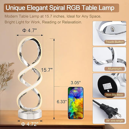 Modern Spiral RGB Table Lamp, Touch Dimmable Bedside Lamp, 7 Colors 10 Light