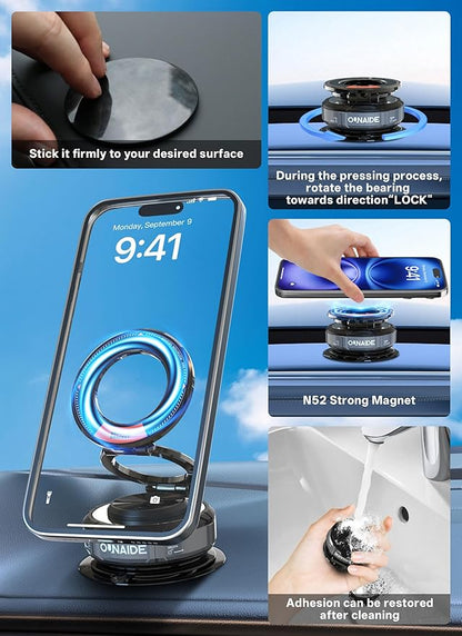 Magnetic Phone Holder for Car Heavy Duty Model 360° Adjustable Zinc Foldable Vacuum Suction Cup Phone Mount for Magsafe Cell Phone Holders for Your Car Accessories for iPhone 17-14,Gifts For Men Women