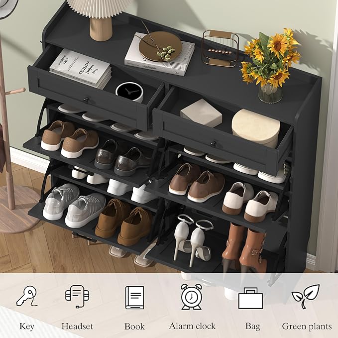 Shoe Cabinet with 4 Flip Drawers & 2 Storage Drawers, Rustic Farmhouse Narrow