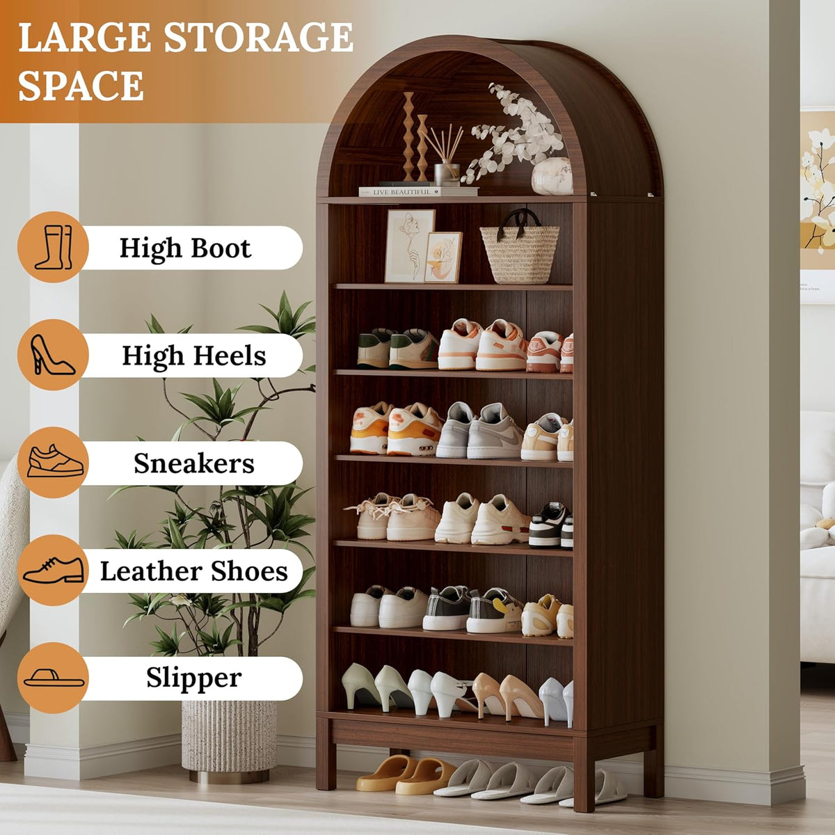 70" Tall Arched Shoe Cabinet, 7-Tier Shoe Rack with 3 Adjustable Shelves, Large Freestanding Shoe Organizer for Entryway, Closet, Hallway, Living Room (Walnut Brown)