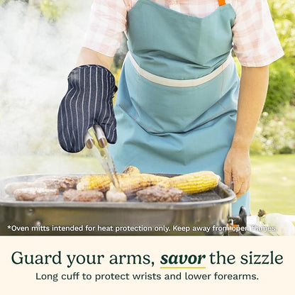 Cuisinart Heritage Kitchen Oven Mitts – Heat-Resistant Mitts for Oven with Non-Slip Neoprene Palm, Long Cuff, and Cotton Filling – Durable Oven Gloves for Cooking, Baking & Grilling (Denim Pinstripe)
