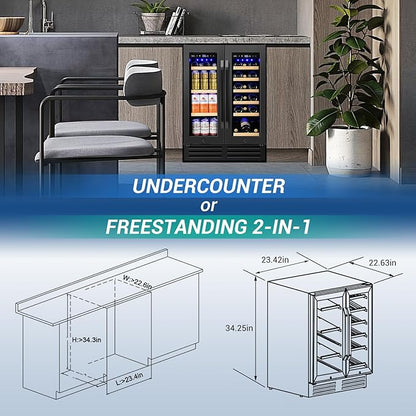 Wine and Beverage Refrigerator Black, 24 Inch Beverage Cooler Under Counter