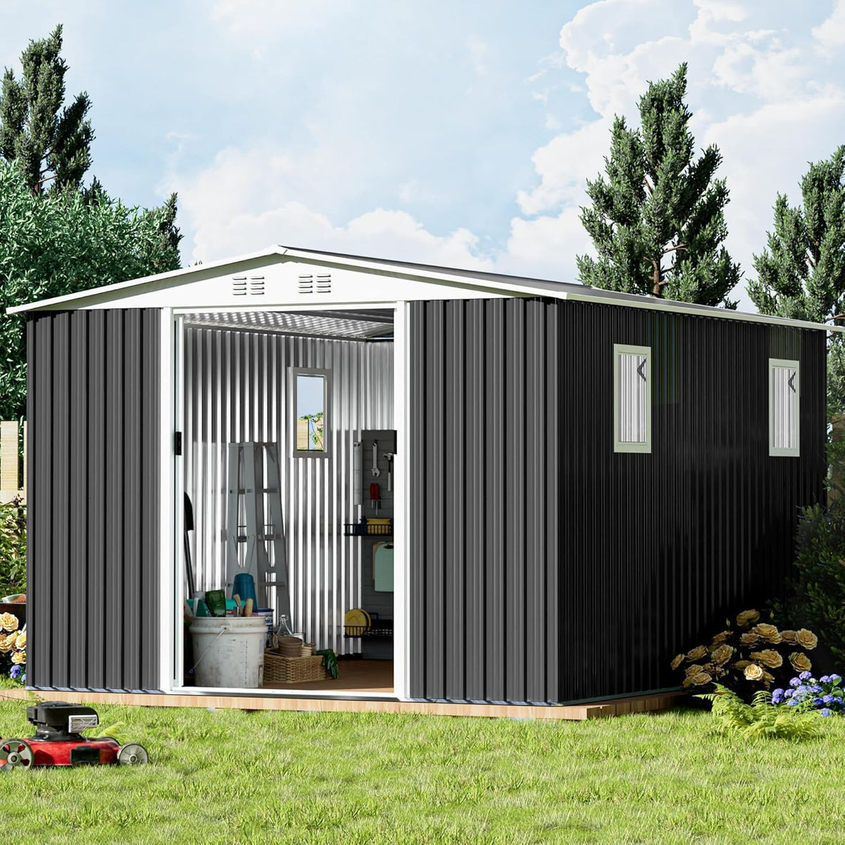12FT x 10FT Outdoor Storage, Metal Anti-Corrosion Utility Tool House with Lockable Door & Shutter Vents，Outdoor Waterproof Garden Tool Storage Sheds