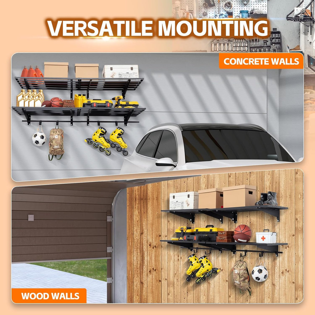 Garage Wall Shelving with Hooks,2-Pack 1.64 x 6ft Garage Wall Shelf,Loads 1050 lbs Heavy Duty Wall Shelves,20” x 72” Garage Shelves Wall Mounted,Black